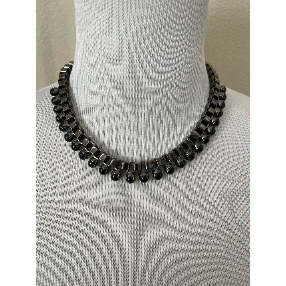 Vintage "T" Marked Link & Faux Black Pearl Necklace